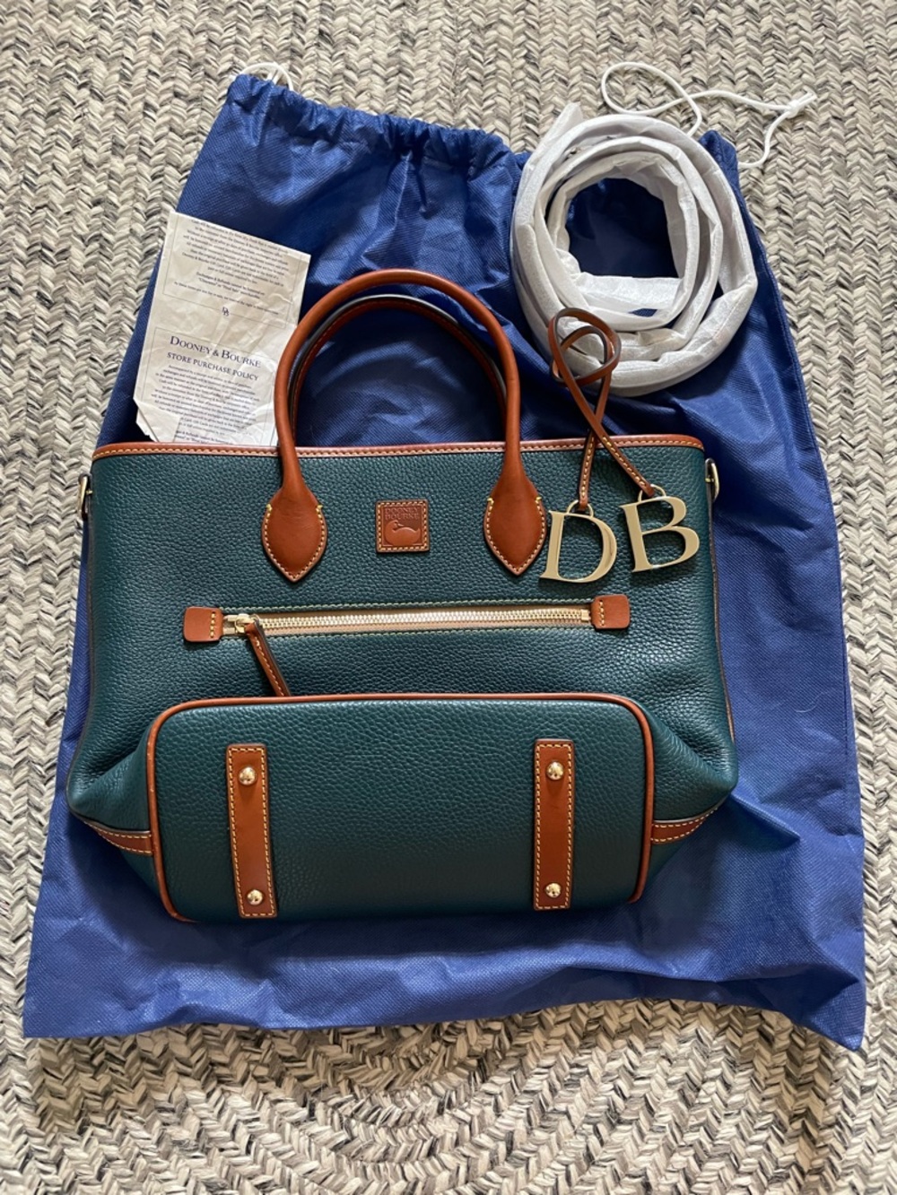 NWT Dooney & Bourke Green Leather Satchel with Brown Trim
